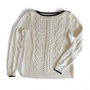 J Crew Cream Boatneck Cable Knit Sweater with Black Trim